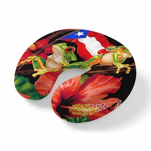 ZRNLTDGHK Neck Pillow Country Red Flowers Frog Travel Pillow Memory Foam U Shaped Pillows, Puerto Rico Flag Travel Neck Pillows for Airplane Car Office Home Sleeping Rest