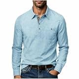 Mens Linen Henley Shirt Long Sleeve Button Front Loose Fit Shirt Lightweight Dressy Casual Pullover Top with Pocket