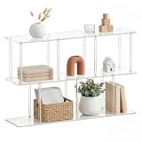 FASDRESS 3-Tier Acrylic Low Bookshelf, 11.8''D X 47.2''W X 24.6''H Clear Long Bookcase with Large Storage Horizontal Bookshelf Easy Assembly for Office Living Room Bedroom
