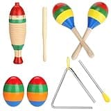7 Pcs Latin Percussion Instrument Set, Colorful Wooden and Steel, Includes 2 Guiros with Mallet, 2 Maracas, 2 Egg Shakers, 1 Triangle with Striker, for Adults and Beginners