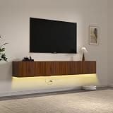 71” Floating TV Stand with LED Lights & Charging Station,Wall Mounted Entertainment Center for 75 Inch TV, Floating Media Console Shelf with Flip-Down Fluted Doors for Living Room, Bedroom, Brown