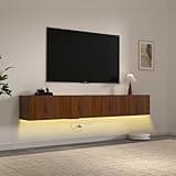 71” Floating TV Stand with LED Lights & Charging Station,Wall Mounted Entertainment Center for 75 Inch TV, Floating Media Console Shelf with Flip-Down Fluted Doors for Living Room, Bedroom, Brown