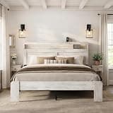 SAMTRA Wooden King Size Bed Frame with Headboard - Rustic Farmhouse Platform Bedframe with Wood Slat Support, Sturdy and No Noise, Easy Assembly (Boho White, King)