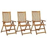 fsahslih Set of 3 Garden Chairs, Solid Acacia Wood Reclining Patio Seating with Multi-Position Backrest, Folding Wooden Outdoor Chairs for Terrace and Backyard, Oiled Brown Finish