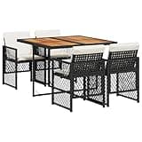 WRJENFSC 5-Piece Garden Dining Set with Acacia Wood Table and 4 Foldable Rattan Chairs, Modern Outdoor Patio Furniture Set with Washable Cushions for Backyard and Terrace, Black and Cream White