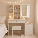 CIOURSTO Vanity Desk with Mirror and Lights, White (with Stool)