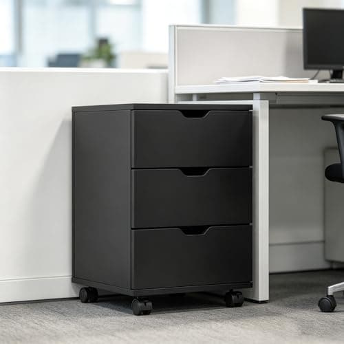 Zehiseta Modern Minimalist 3 Drawer File Cabinet Under Desk Black Rolling Filing Cabinet Mobile Pedestal Storage Wood Home Office Drawer Organizer Fully Assembled
