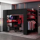 QVUUOU Full Size Wood Bunk Bed with Height-Adjustable Desk, Wardrobe, and RGB Lights, Red - Gamer-Inspired Loft with Ample Storage and USB Port