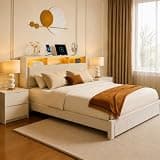 Upholstered Platform Bed with LED Light Strip and Charging Station, Queen Size Storage Bed Frame with Storage Headboard and Drawers for Bedroom Furniture, Versatility Corduroy Upholstered Bed (Beige)