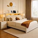 Upholstered Platform Bed with LED Light Strip and Charging Station, Queen Size Storage Bed Frame with Storage Headboard and Drawers for Bedroom Furniture, Versatility Corduroy Upholstered Bed (Beige)