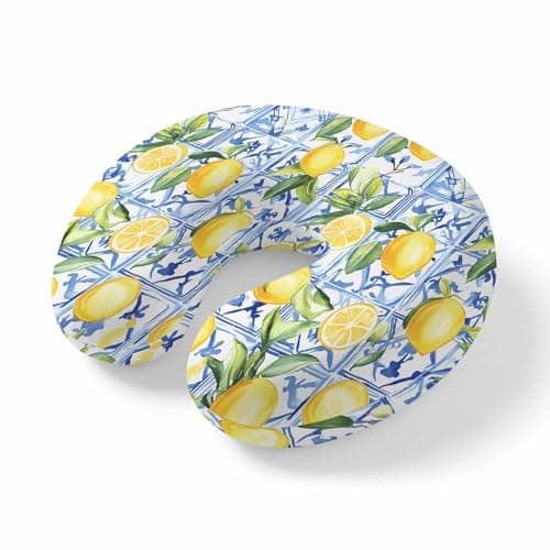 Yellow Lemon Travel Neck Pillow Memory Foam,Hand Neck Support Airplane Pillow for Traveling Bed Car Office Home,Botanical Spring Leaves Abstract Blue Tile Flight Pillows with Removable Cover
