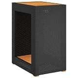 Poly Rattan Patio Side Table with Acacia Wood Top, 23.6x15.7x29.5 Inch Outdoor Garden Table Black