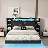 DNYN Metal Floating Bed Frame with Storage MDF Headboard and Bookcase for Bedroom, Queen Size Platform Bed with Charging Station and LED, Space-Saving Design & No Box Spring Needed
