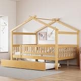 Full Size Wooden House Bed with Twin Size Trundle, Natural