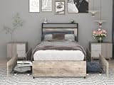 Peanu Twin Bed Frame, Storage Headboard, Charging Station, Gray Wash