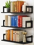 Harwaya Wall Mounted Bookshelf, Floating Bookshelves for Bedroom, 17 Inches Long Wall Mount Book Shelves for Living Room Office Books, Black Wall Book Holder Bookcase (Set of 3)