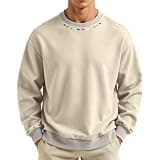 Men's Contrast Trim Crewneck Sweatshirt Long Sleeve Loose Fit Soft Shirts Comfy Fall Winter Fashion Pullover Tops Khaki