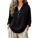 Xiaojmake Women's Linen Cotton Shirts Loose Lightweight Breathable Beach Vacation Outfit Long Sleeve Button Down V Neck Tops Black