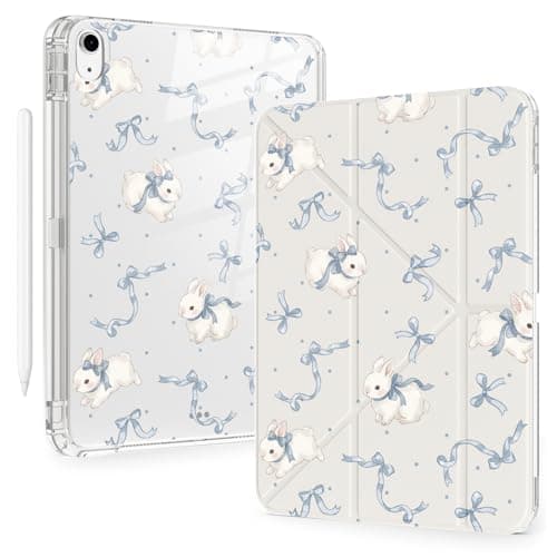 BlHMCASE Cute Kawaii Bunny Bow for iPad Air 11 Inch Case 7th/6th Generation (M3/M2) 2025/2024 with Pencil Holder, Auto Sleep/Wake, White Leather Acrylic Back Detachable Cover