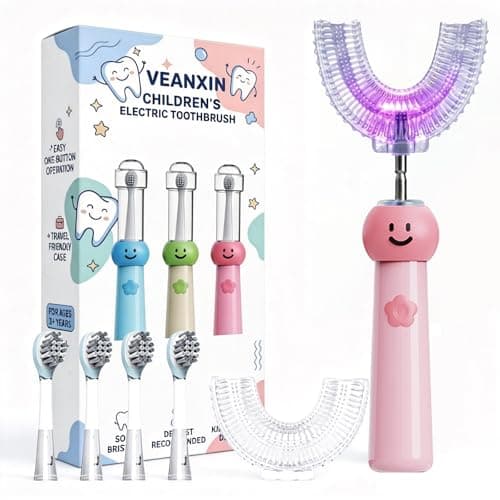 VEANXIN Kids U-Shaped Electric Toothbrush with 6 Brush Heads, Automatic 360° Sonic Cleaning, 4 Modes, IPX7 Waterproof, Cute Cartoon Koala Design, Ages 6-12 (Pink)