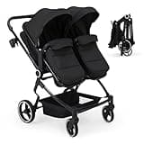 Double Stroller for Newborn and Toddler, Lightweight Tandem Stroller with One-Hand Fold, Adjustable Recline Extendable Canopy and Parent Cup Holders, Ideal for Twins & Kids Travel