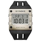 CARLIEN Mens Retro Sport Digital Multifunction Big Face Rectangular Square Watch EL Backlight PU Strap Stopwatch Alarm Date Casual Wristwatch (B White)