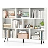 LOVEZOE 55 Inch Wide Bookcase with 10 Storage Cubes, White Display Shelf with 5 Metal Legs, Mid Century Storage Unit for Home Office, 55” L x 9.5” W x 42” H
