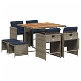 GHVBNMF 9-Piece Outdoor Dining Set, 8-Person Rectangular PE Rattan Patio Table and Chair Set with Navy Blue Cushions, Space Saving Furniture for Garden Backyard and Terrace, Grey