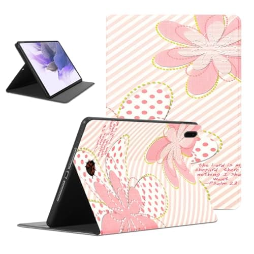Mrtponk Cute Pink Spring Flower Ladybug Striped Tablet Case for Samsung Galaxy Tab S2 9.7 Inch, Trendy Kawaii Strip Florals Bible Verse Cases Slim Fit PU Leather Multi-Angle Stand Cases for Girl Boy