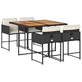 WRJENFSC 5 Piece Patio Dining Set, Black PE Rattan Outdoor Furniture Set with Solid Acacia Wood Top Table and 4 Chairs, Compact Cube Design for Garden and Backyard