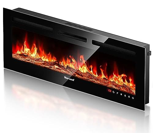 VISVEIL Electric Fireplace 50Inch,Realistic Flame Electric Fireplace Heater,Log Set/Crystal Flames 750-1500W with Timer Inserts/Wall Mounted/TV Stand Touch Screen & Remote for Living Room Easy Install