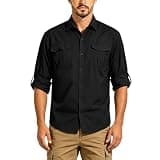Lmdudan Men's Lightweight Utility Shirt Roll-Tab Sleeve Button Down Quick Dry Shirts Hiking Outdoor Workwear with Pockets Black
