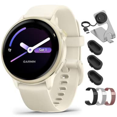 Garmin VIVOACTIVE 6 Health and Fitness GPS Smartwatch Bone with Silicone Band 010-02985-01 Bundle with Deco Essentials 20mm Milanese Band 3 Pack, Charging Dock and Silicone Dust Cover 3 Pack