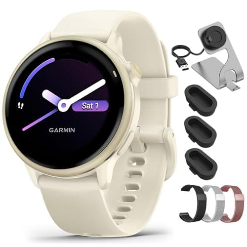 Garmin VIVOACTIVE 6 Health and Fitness GPS Smartwatch Bone with Silicone Band 010-02985-01 Bundle with Deco Essentials 20mm Milanese Band 3 Pack, Charging Dock and Silicone Dust Cover 3 Pack