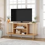 Brafab Oval Boho TV Console with Hand-Woven Ropes, Mid-Century Modern TV Stand for up to 60" with Storage Adjustable Shelf and Sturdy Steel Legs, Natural Wooden Entertainment Center for Living Room