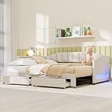 QVUUOU Twin XL Extendable Upholstered Daybed with Two Storage Drawers and LED Light, Beige Linen - Converts to King Size with Pull-Out Trundle