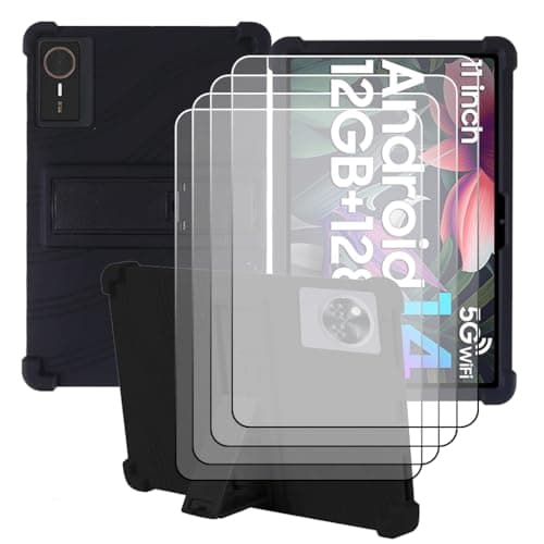CongJiaLingXi Compatible for HiGrace G13 10.1 Inch Tablet Case + 4 Pcs Screen Protector Tempered Glass Film, Soft Silicone Full Coverage Adjustable Stand Tablet Cover, Black