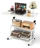 QZMDSM Portable Desk with Wheels Small Standing Desk on Wheels Adjustable Height Rolling Desks for Small Spaces, 32" Computer Desks with Storage Shelves for Home Office Study White