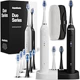 Aquasonic Duo - Dual Handle Ultra Whitening 40,000 VPM Wireless Charging Electric ToothBrushes - 3 Modes with Smart Timers - 10 Dupont Brush Heads & 2 Travel Cases Included