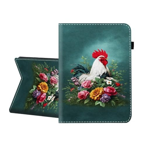 CICPLKSE Case for Samsung Galaxy Tab E 9.6 2015 (Model SM-T560/T561/T565/T567),Premium PU Leather Cover with Auto Sleep Wake,Rooster and Flowers