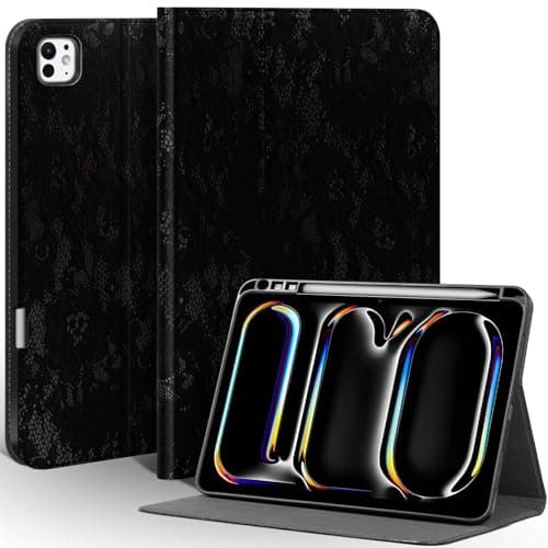 Une Diffe Leather Case for iPad Pro 11 Inch (M5/M4) 2025/2024, Full Grain Leather,Protective Smart Folio Cover with Pencil Holder, Auto Sleep/Wake,Anti Slip, Black Silver