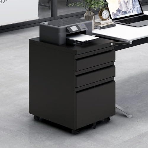 3-Drawer Mobile File Cabinet with Lock, 5 Wheels (2 Brakes + Anti-Tip),Cold Rolled Steel Fully Assembled Metal Filing Cabinet with Pen Tray & Hanging Bar for Home Office, Fits Letter/Legal/A4 Files