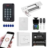 Smart Door Access Control System with Fail Secure Electric Strike Lock, WiFi & Tuya App Remote Unlock, Waterproof Keypad Reader (ID & IC Card), Power Supply, Exit Button, Doorbell & Remote Controls