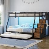 Bunk Bed Twin Over Full with Trundle, RGB LED Light & Charging Station, 6 Fabric Drawers and Storage Pockets & Hanging Area, Heavy Duty Metal Triple Bunk Bed Frame with Safety Guardrail, Brown