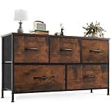 OLIXIS 5 Drawer Dresser for Bedroom, Wide Fabric Storage Tower with Wooden Top and Metal Frame, Closet Chest Organizer Furniture, TV Stand for Living Room Hallway, Brown