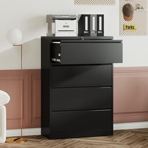 SYTOALND Heavy Duty Locking File Cabinet with Full Extension Slides – Black 4 Drawer Lateral Filing Cabinet for Home Office, Fits Letter/Legal/A4/F4, Ball Bearing Drawers, Anti-Tip (Black, 4 Drawer)