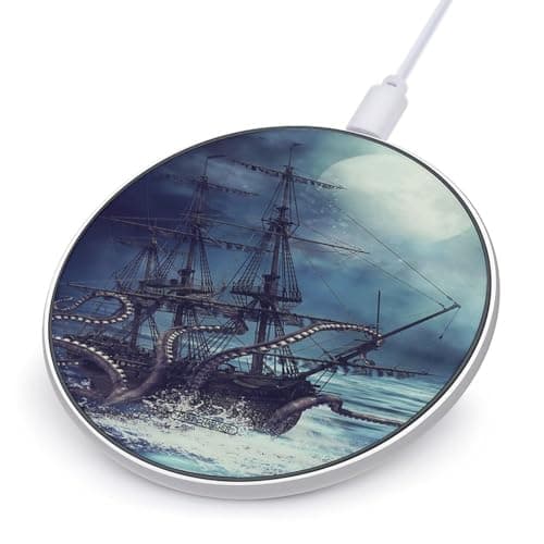 Octopus Kraken Pirate Ship Ocean Wireless Charger Portable 10W Fast Wireless Charging Pad Compatible with Phone Ultra-Thin Charging Station Lightweight Charger Mat for Travel Home Office Desk
