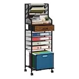 SWTYMIKI 10-Tier Rolling File Cart - Mesh Paper Organizer with Drawer & Hanging File Folders on Lockable Wheels, Rolling File Cabinet for Office Organization, Storage in Home, Studio, School, Espresso