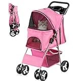 ZENY Foldable Pet Stroller, Cat/Dog Stroller with 4 Wheel, Pet Travel Carrier Strolling Cart with Storage Basket, Cup Holder (Pink)