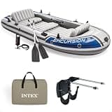 Intex Excursion 5 Person Inflatable Outdoor Fishing Raft Boat Set with 2 Aluminum Oars and Air Pump with a Intex Composite Motor Mount Kit
